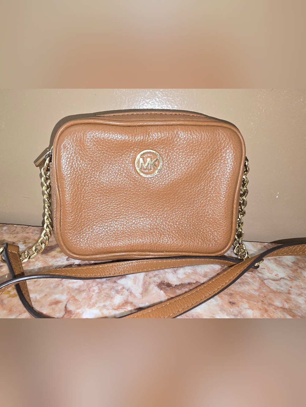 Michael Kors Cognac Pebbled Leather Crossbody with Gold Chain